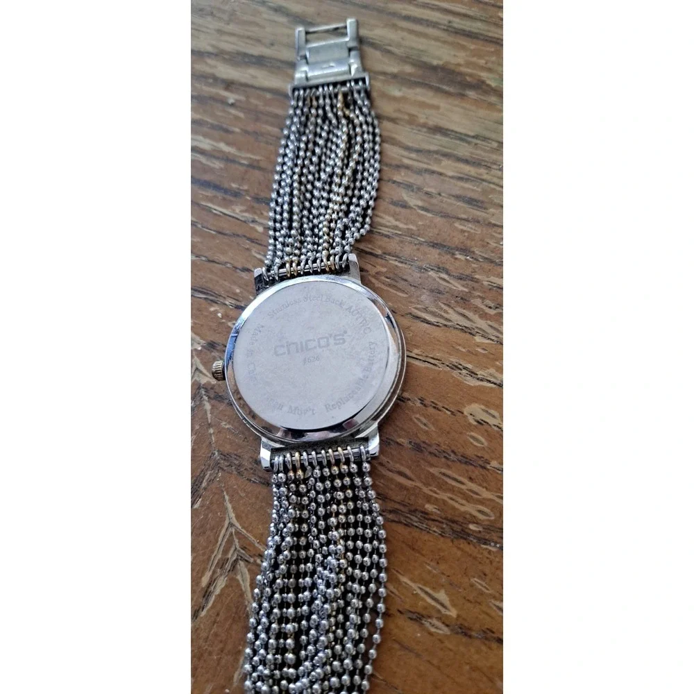 CHICOS Silver Gold Multi-Tone Bead Chain Band MOP Ladies Watch Wristwatch *RUNS*